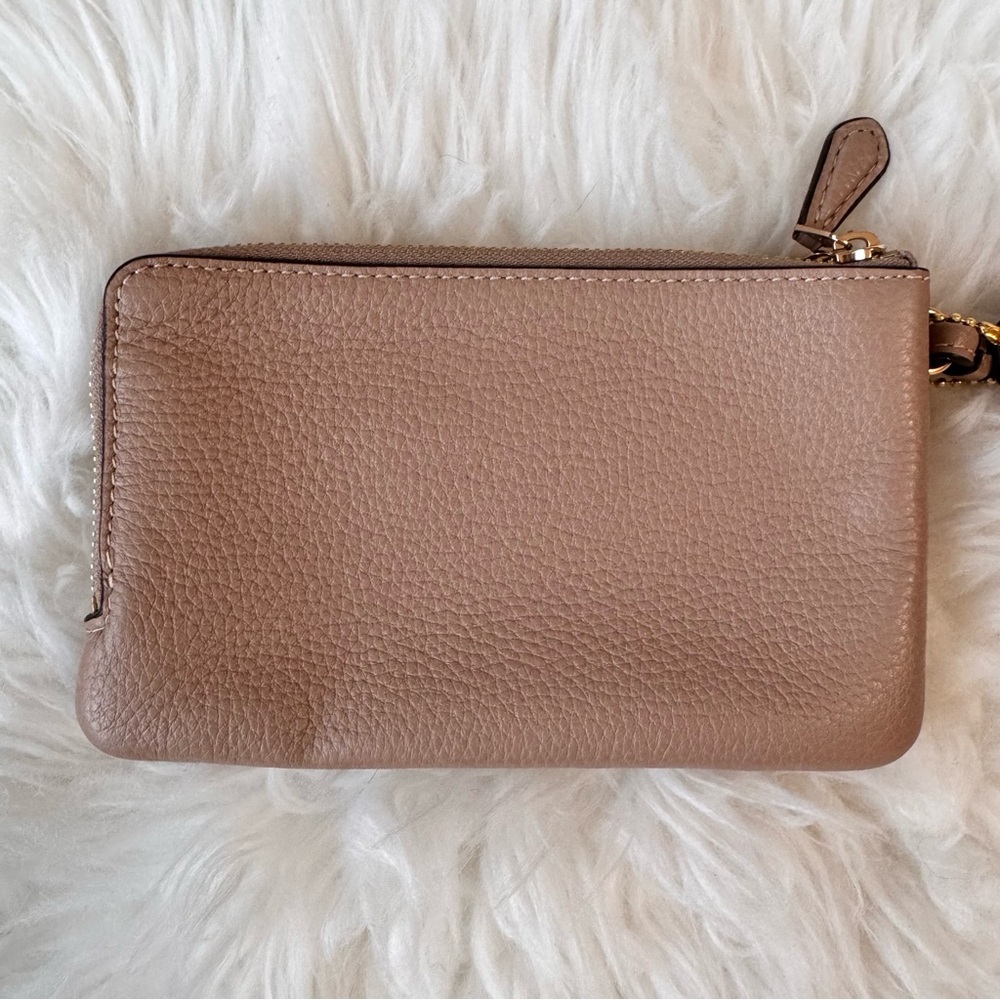 Coach Double Corner Zip Wristlet Beige Pebble Leather Wallet Clutch - Picture 2 of 8